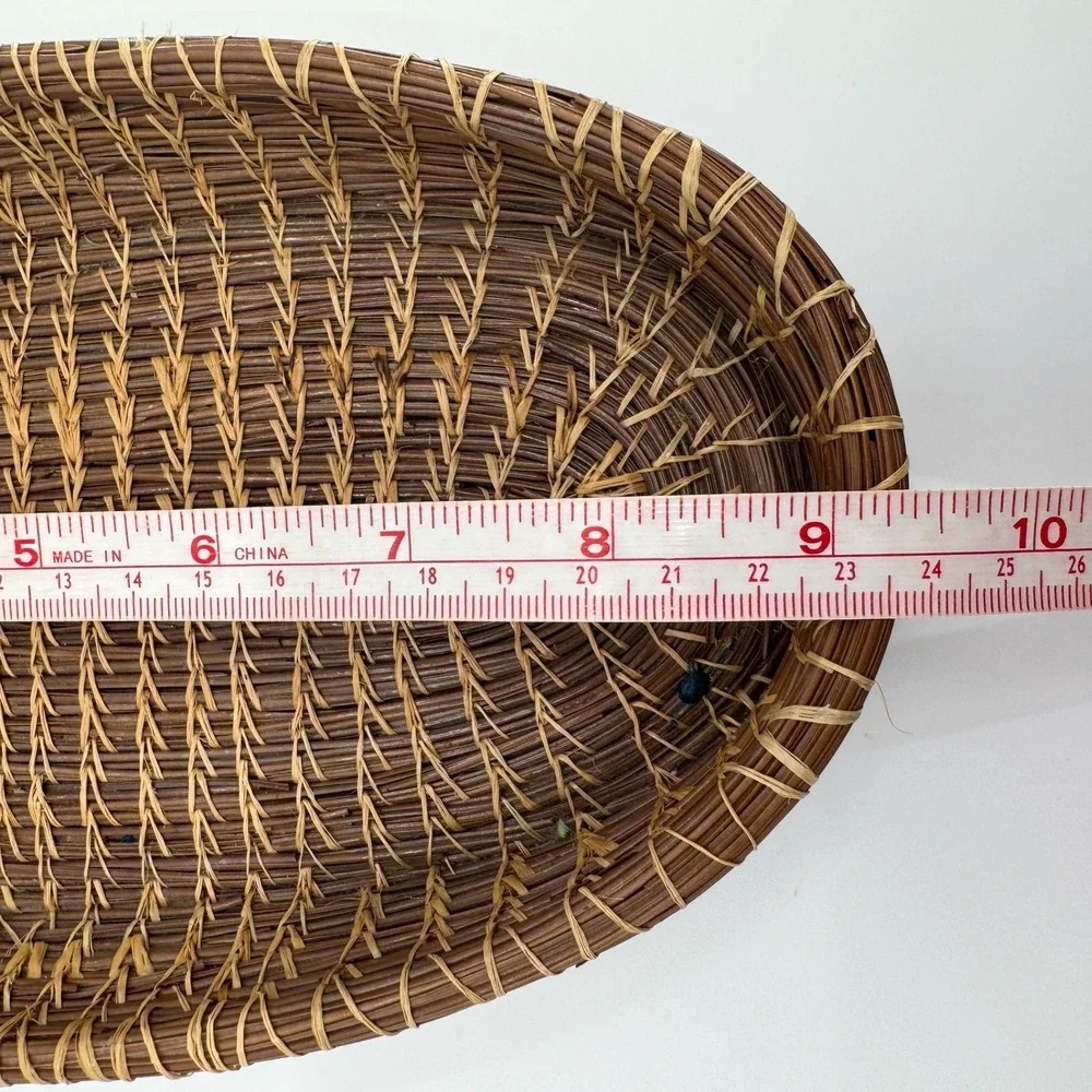 Vtg Hand Woven Oval Pine Needle Basket Tray Primitive Rustic Boho Farmhouse